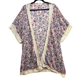 Indigo Rose XL Floral Kimono Cardigan Lace Trim Boho Fest Hippie Cottage Spring